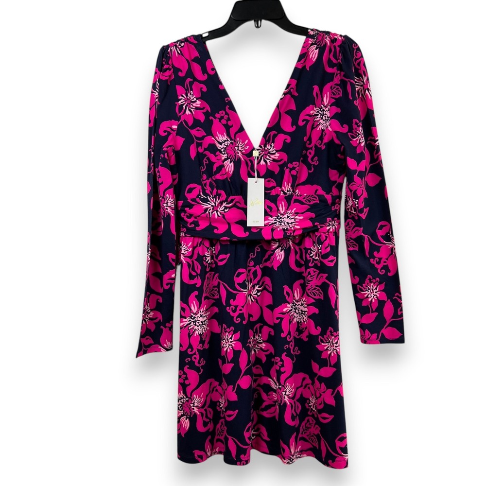 NWT Lilly Pulitzer Miriana Dress Size Medium Pink Floral Navy V-Neck Long Sleeve